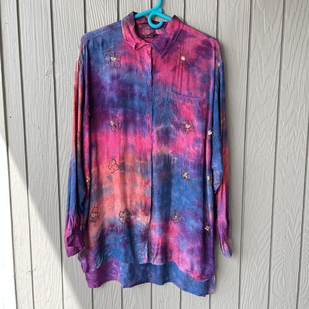 Vintage 2OFUS 90s Tie-Dye Embroidered Floral Sequin Oversized Boho Shirt
